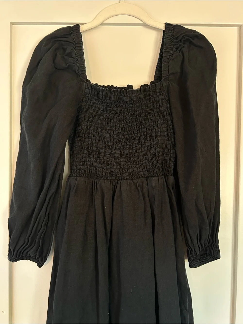 J. Crew Black Smocked Midi Dress with Puff Long Sleeves
